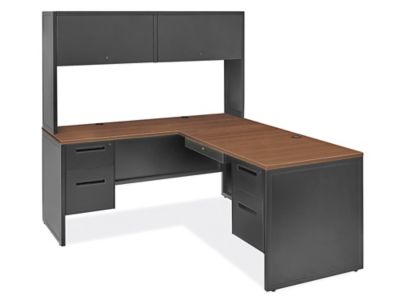 Industrial Office L-Desk with Hutch - 66 x 72", Brown Top, Black Base H-10808BR