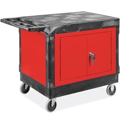 Flat Shelf Utility Cart with Cabinet - 5" Rubber Wheels, 45 x 25 x 33", Red H-11902R