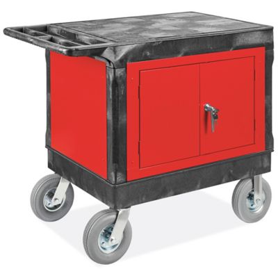 Flat Shelf Utility Cart with Cabinet - 8" Pneumatic Wheels, 45 x 25 x 37", Red H-11903R