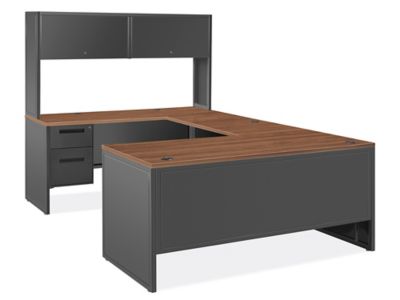 Industrial Office U-Desk with Hutch - 66 x 102", Brown Top, Black Base H-12039BR