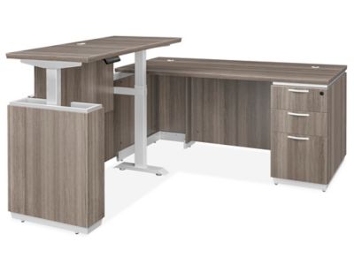 Downtown – Bureau de direction en L à hauteur réglable avec devant droit – 66 x 78 po, gris
