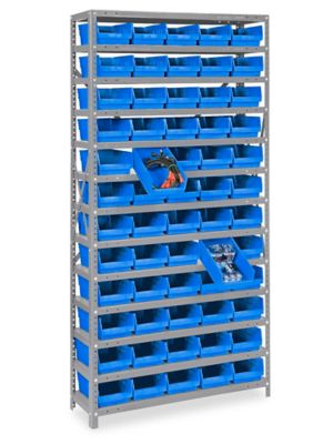 Mobile Gravity Shelf Bin Organizer - 4 x 12 x 4 Blue Bins H-3896BLU - Uline