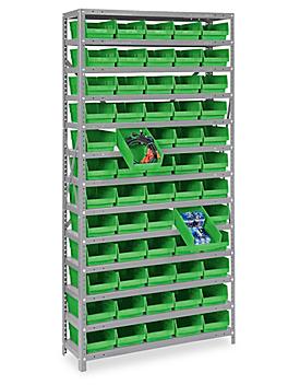Shelf Bin Organizer - 36 x 12 x 75" with 7 x 12 x 4" Green Bins H-1773G