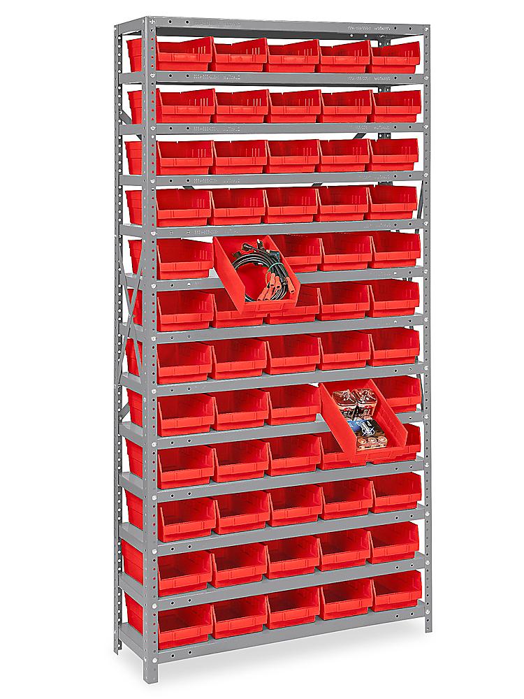 Shelf Bin Organizer - 36 x 12 x 75 with 7 x 12 x 4 Red Bins H