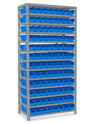 Shelf Bin Organizer - 36 x 18 x 39 with 7 x 18 x 4 Blue Bins - ULINE - H-2645BLU