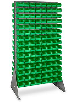 Double Sided Floor Rack Bin Organizer with 7 1/2 x 4 x 3" Green Bins H-1905G