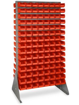 Double Sided Floor Rack Bin Organizer with 7 1/2 x 4 x 3 Red Bins