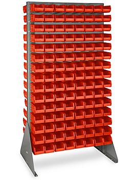 Double Sided Floor Rack Bin Organizer with 7 1/2 x 4 x 3" Red Bins H-1905R