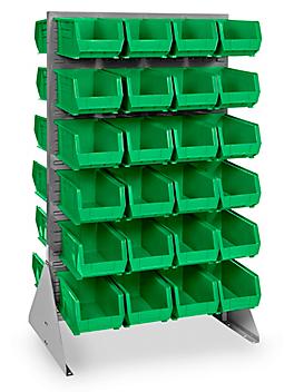 Double Sided Floor Rack Bin Organizer with 15 x 8 x 7" Green Bins H-1907G