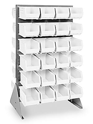 Double Sided Floor Rack Bin Organizer with 15 x 8 x 7 White Bins