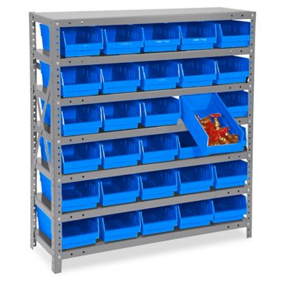 Shelf Bin Organizer - 36 x 18 x 39 with 7 x 18 x 4 Blue Bins - ULINE - H-2645BLU