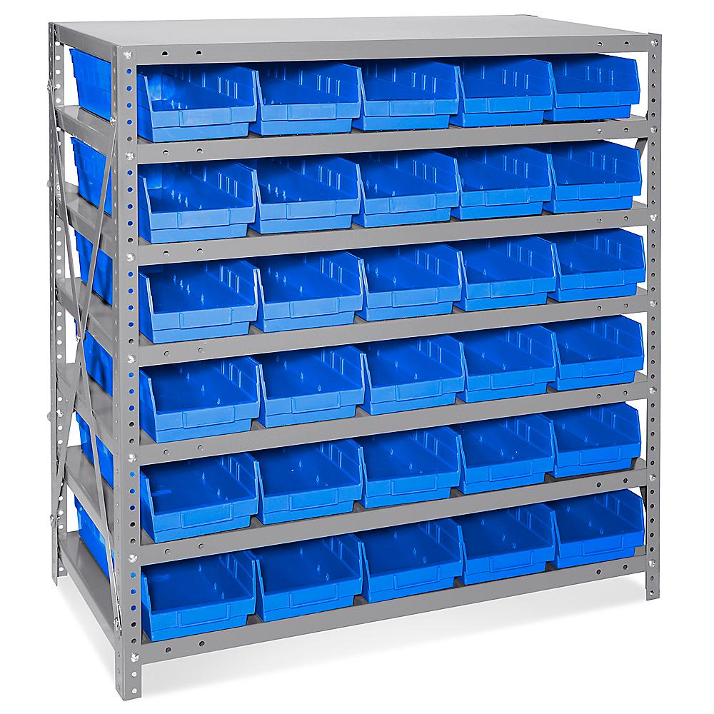 Shelf Bin Organizer - 36 x 18 x 39 with 7 x 18 x 4 Blue Bins H-2645BLU -  Uline