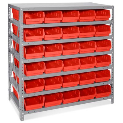 Shelf Bin Organizer - 36 x 18 x 39" with 7 x 18 x 4" Red Bins H-2645R