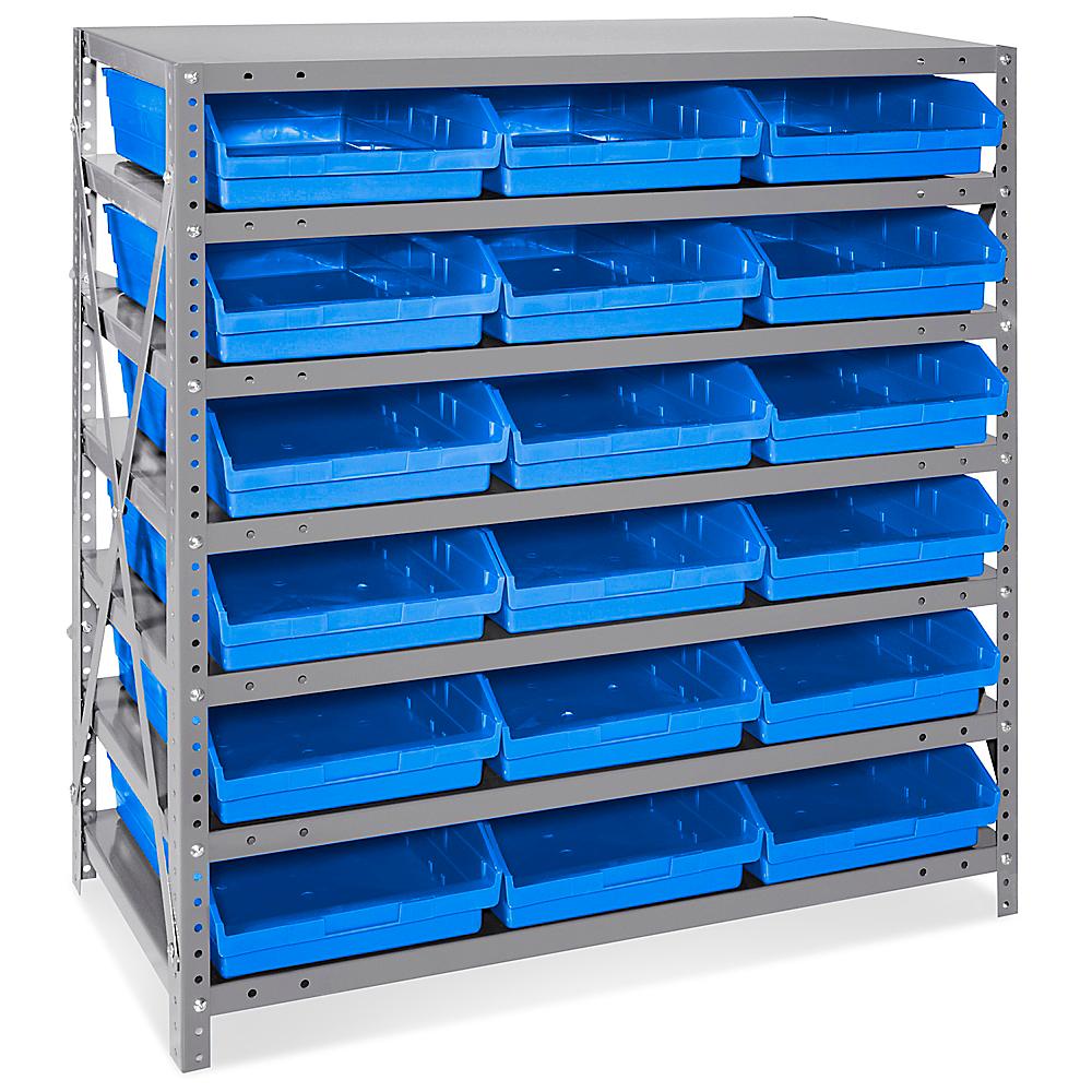 Shelf Bin Organizer - 36 x 18 x 39 with 11 x 18 x 4 Blue Bins H