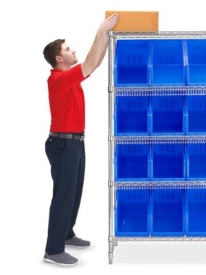 CHROME WIRE SHELVING UNITS w/GIANT HOPPER BINS, Bin Blue, Size W x D x H:  18 x 42 x 74, No. Shelves: 5, No. Bins: 8, Bin Size L x W x