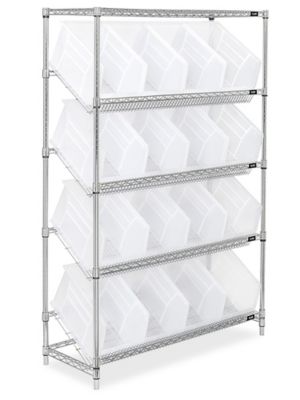 Slanted Wire Shelving Unit 18D x 36W x 74with 48 QSB103 Bins 