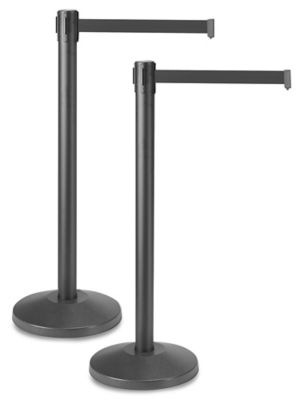 Uline Black Crowd Control Posts with Retractable Belt - 10'