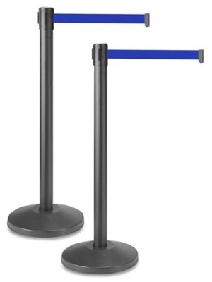 Uline Black Crowd Control Posts with Retractable Belt - Blue, 10' H-3736BLU