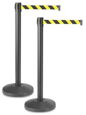 Uline Black Crowd Control Posts with Retractable Belt - Black/Yellow, 10'