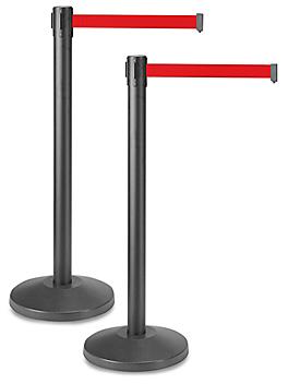 Uline Black Crowd Control Posts with Retractable Belt - Red, 10' H-3736R