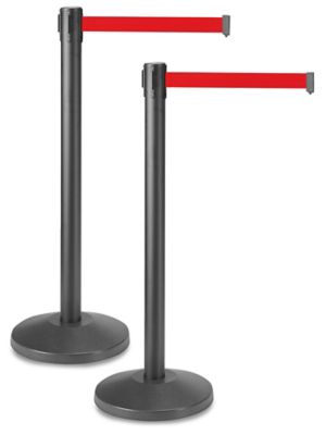 Uline Black Crowd Control Posts with Retractable Belt - Red, 10'