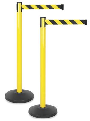 Uline Yellow Crowd Control Posts with Retractable Belt - Black