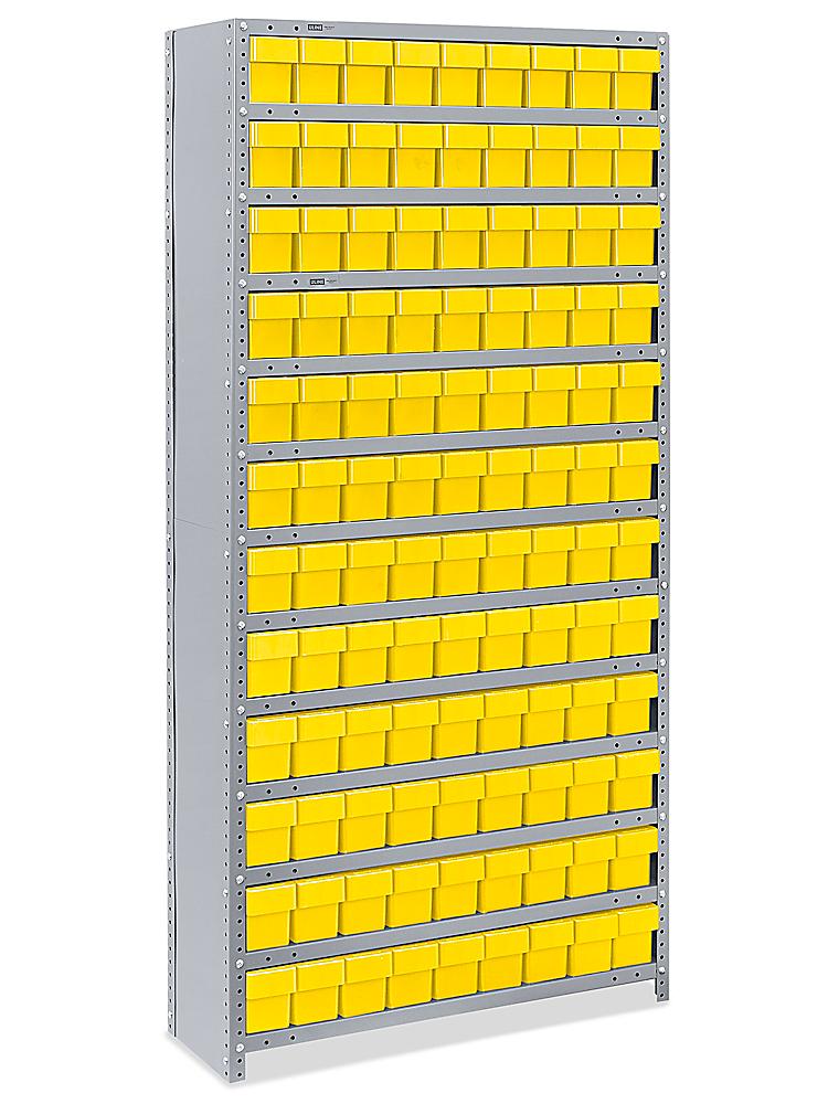 Enclosed Shelving, 12 Gauge, 36 x 18 x 72, 30 Yellow Bins, Gray