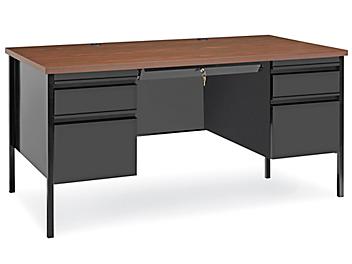 Double Pedestal Steel Desk - 60 x 30", Black Base, Walnut Top H-5685BL