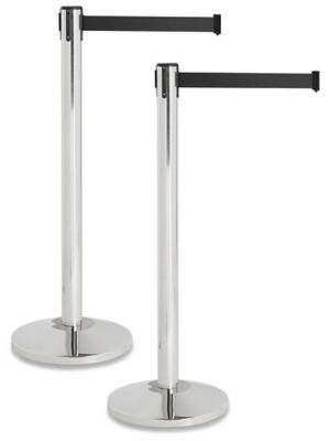 Uline Chrome Crowd Control Posts with Retractable Belt - Black, 10'