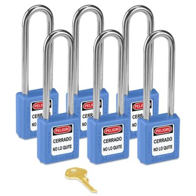 Master Lock&reg; Lockout Padlock- Juego de 6 con Llaves Iguales, Eslabón de 3", Azul H-6607BLU