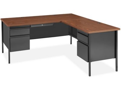 Double Pedestal Steel L-Desk - 66 x 72", Walnut/Black, Right-Hand H-8204-R