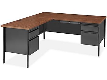 Double Pedestal Steel L-Desk - 66 x 72", Black Base, Walnut Top H-8204