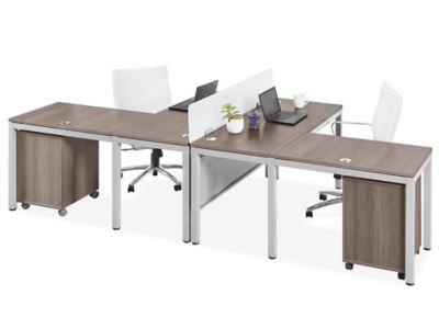 Silver 2 Person Office Desk with Drawers and Overhead Storage 144