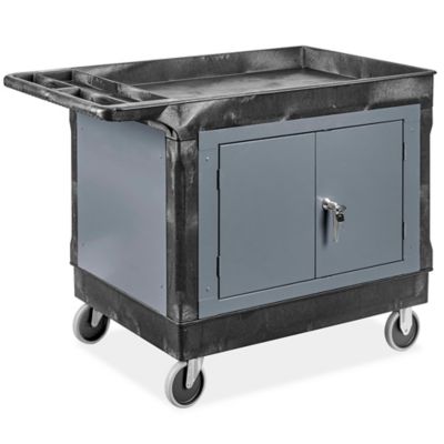  Lipped Shelf Utility Cart with Cabinet - 5" Rubber Wheels, 45 x 25 x 33"