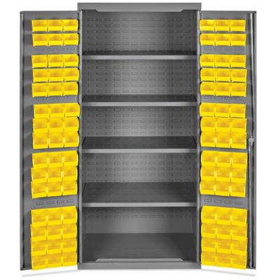 VARI-TUFF Bin Cabinet: 48 in x 24 in 78 in, 3 Shelves, 137 Bins, Yellow,  Flush, 14 ga Panel, Gray