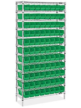 Wire Shelf Bin Organizer - 36 x 12 x 72" with 4 x 12 x 4" Green Bins H-8476G