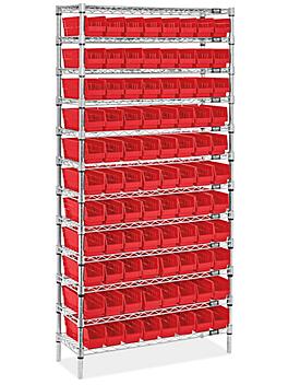 Wire Shelf Bin Organizer - 36 x 12 x 72" with 4 x 12 x 4" Red Bins H-8476R