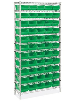 Wire Shelf Bin Organizer 36 x 12 x 72" with 7 x 12 x 4" Green Bins H