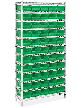 Wire Shelf Bin Organizer - 36 x 12 x 72" with 7 x 12 x 4" Green Bins H-8477G