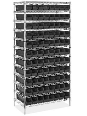 Wire Shelf Bin Organizer - 36 x 18 x 72" with 4 x 18 x 4" Black Bins H-8478BL