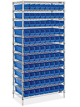 Wire Shelf Bin Organizer - 36 x 18 x 72" with 4 x 18 x 4" Blue Bins H-8478BLU