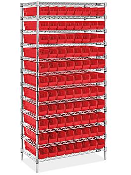 Wire Shelf Bin Organizer - 36 x 18 x 72" with 4 x 18 x 4" Red Bins H-8478R