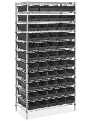 Wire Shelf Bin Organizer - 36 x 18 x 72" with 7 x 18 x 4" Black Bins H-8479BL
