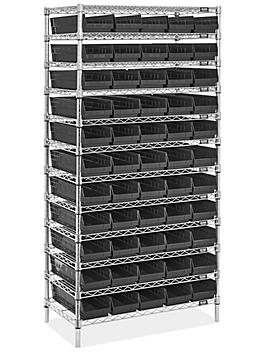 Wire Shelf Bin Organizer - 36 x 18 x 72" with 7 x 18 x 4" Black Bins H-8479BL