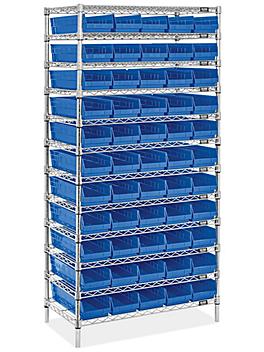 Wire Shelf Bin Organizer - 36 x 18 x 72" with 7 x 18 x 4" Blue Bins H-8479BLU