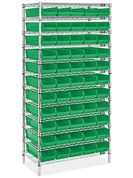 Wire Shelf Bin Organizer - 36 x 18 x 72" with 7 x 18 x 4" Green Bins H-8479G
