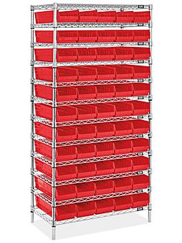 Wire Shelf Bin Organizer - 36 x 18 x 72" with 7 x 18 x 4" Red Bins H-8479R