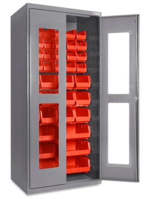 Clear-View Bin Storage Cabinet - 36 x 24 x 78", 42 Red Bins H-8481R