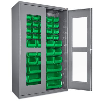 Clear-View Bin Storage Cabinet - 48 x 24 x 78", 48 Green Bins H-8483G