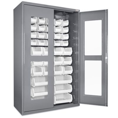 Clear-View Bin Storage Cabinet - 48 x 24 x 78, 48 White Bins - ULINE - H-8483W